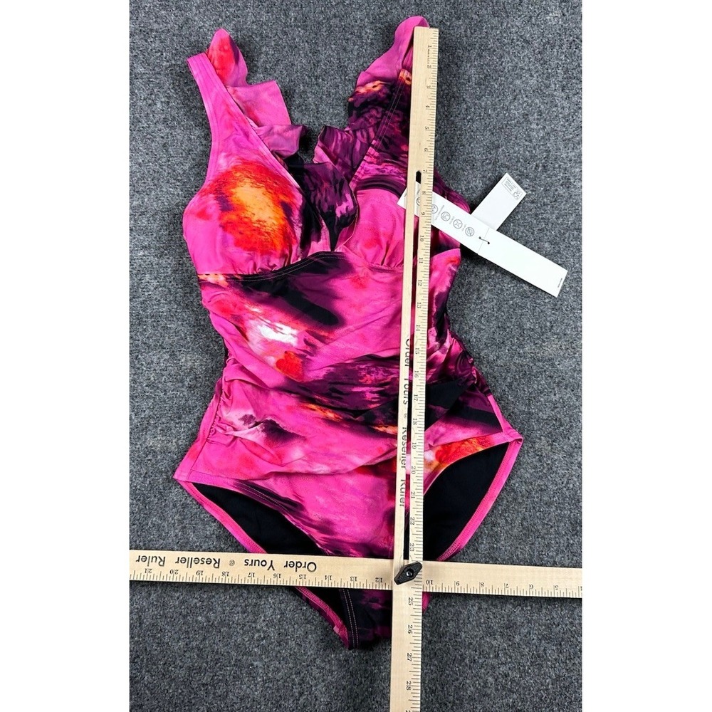 DKNY Women's One-Piece Ruched Ruffle Trim Swimsuit Pink/Red Splash Sz S DIMMS691 - Picture 4 of 9